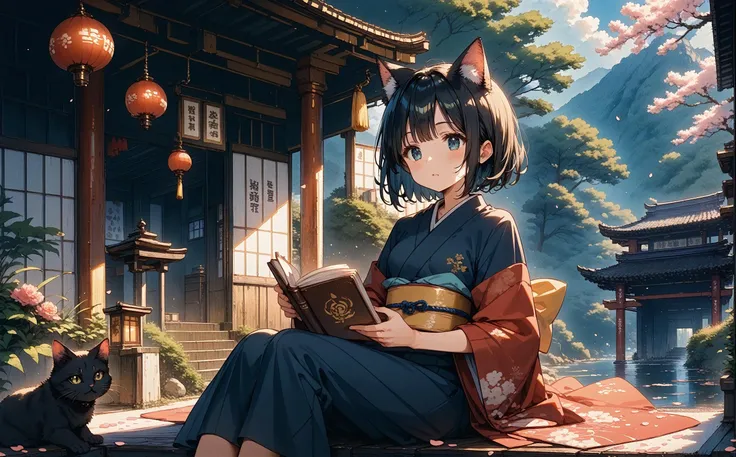 anime girl sitting on a bench reading a book with a cat nearby