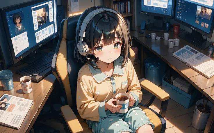 anime girl sitting in a chair with headphones on and holding a cup