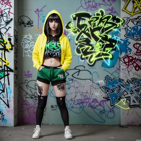 arafed woman in a yellow jacket and green shorts standing in front of a wall with graffiti