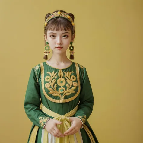 a close up of a woman in a green dress with a yellow and white striped skirt