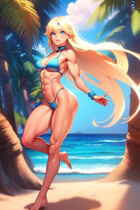 1woman with (abs:1.3), (blue eyes:1.5) blonde bikini dancing on the beach (red eyes:1.3) (long hair :1.3), (medium breasts:1.2) (long legs:1.2)   (full body:1.2)  , 4k