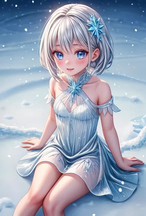 a girl sitting on the ground in a dress with a snowflake