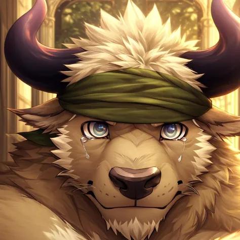 a close up of a furry animal with a green bandanna on its head