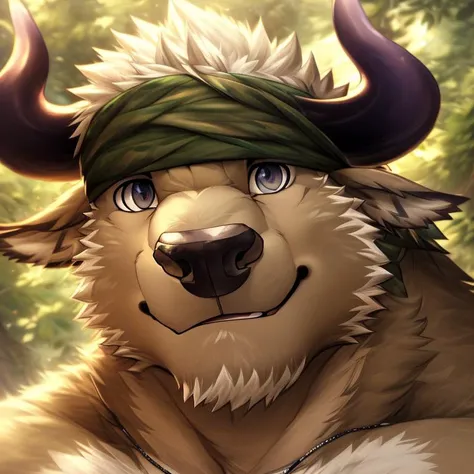 a close up of a furry animal with a bandana on its head