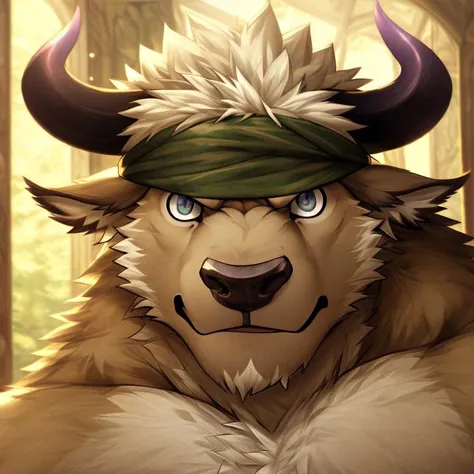 a close up of a furry animal with a green headband