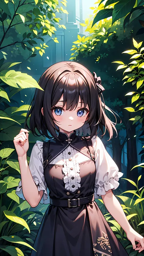 anime girl in a dress standing in a forest with trees