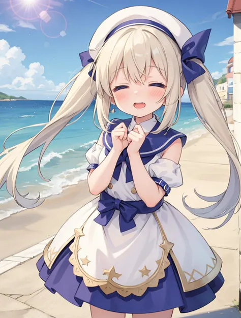 cute little girl standing in a Mediterranean port town street,wind,pale-blonde hair, blue eyes,very long twintails,white dress,white hat,blue sky,laugh,double tooth,closed eyes,looking at viewer,lens flare,dramatic, coastal