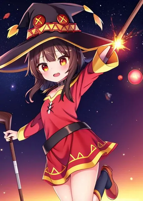 masterpiece, best quality, ultra-detailed,1girl, <lora:Megumin:0.7>,Megumin,jumping,mantle,witch hat,jeweled staff,meteor falling,planet background, <lora:GoodHands-vanilla:0.8> <lora:anmnr01:0.3> ,<lora:add_detail:0.5>