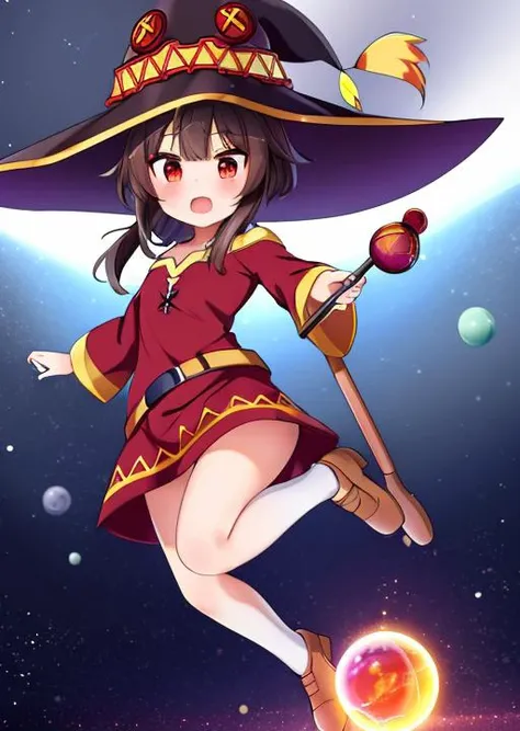 masterpiece, best quality, ultra-detailed,1girl, <lora:Megumin:0.7>,Megumin,jumping,mantle,witch hat,jeweled staff,many meteorites falling,planet background, <lora:GoodHands-vanilla:0.8> <lora:anmnr01:0.3> ,<lora:add_detail:0.5>