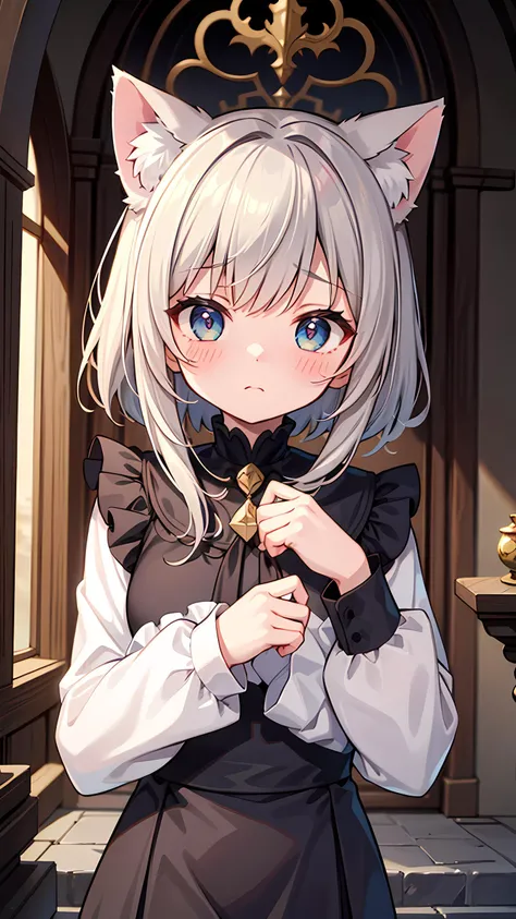 <lyco:EnvyBetterHands:1.0>, <lora:add_detail:0.3>, (masterpiece), best quality, detailed background, cinematic lighting, castle, 1girl, solo, extremely cute, embarassed, blush, cat ears