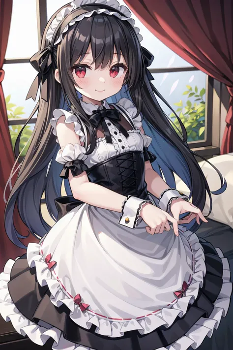 (masterpiece), best quality, gothic, 1girl, solo, petite, blush, smile, red eyes, long hair, black hair, sidelocks, hair ribbon, hairband, maid headdress, dress, frills, frilled dress, lace trim, puffy sleeves