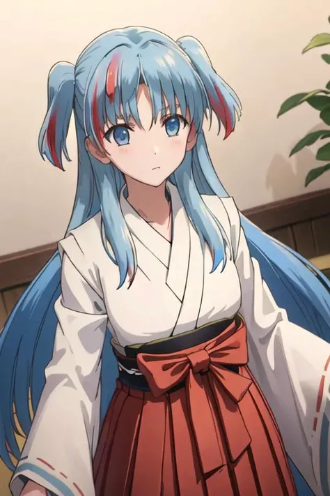 best quality, masterpiece, highres, solo, {white kimono:1.35}, {red hakama:1.35}, {wide sleeves:1.20}, {chtholly_sukasuka:1.15}, blue_hair, long_hair, blue_eyes, two_side_up, bangs, multicolored_hair