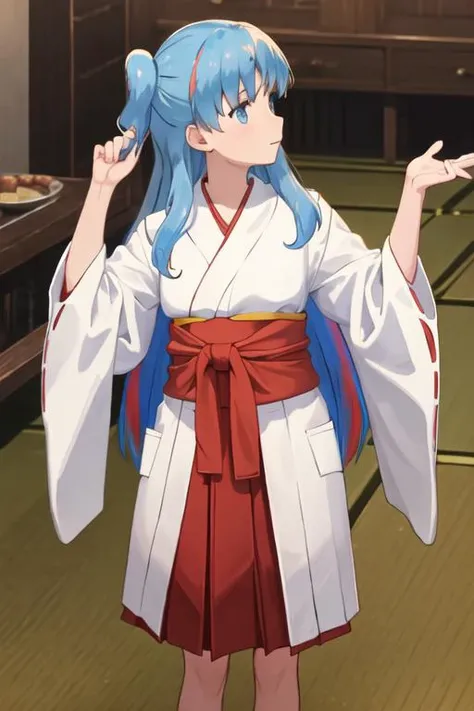 best quality, masterpiece, highres, solo, {white kimono:1.35}, {red hakama:1.35}, {wide sleeves:1.20}, {chtholly_sukasuka:1.15}, blue_hair, long_hair, blue_eyes, two_side_up, multicolored_hair