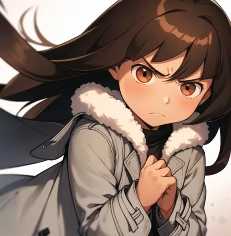 anime girl with long brown hair and a gray coat