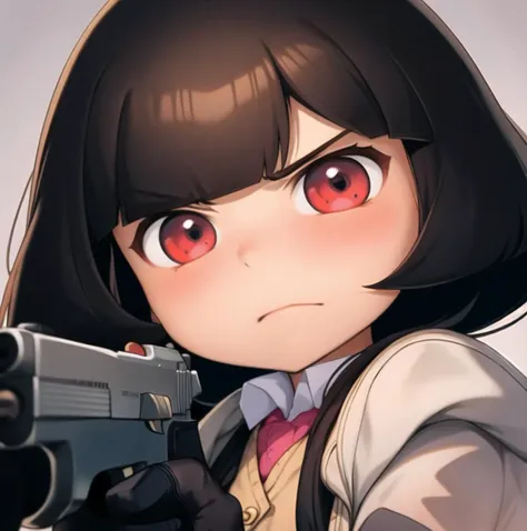 anime girl with gun pointing at camera with red eyes