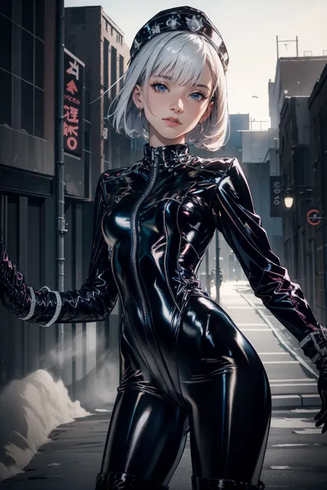 a woman in a latex outfit is standing on a city street