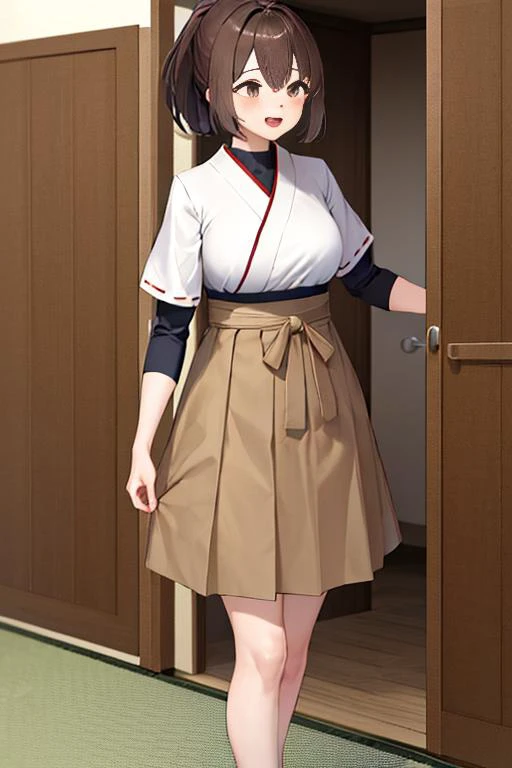 masterpiece, best quality, highres, hyuugaise, short hair, ponytail japanese clothes, short sleeves, hakama skirt, brown skirt, <lora:hyuuga_&_ise_v1:0.8>, standing, cheerful,  inside,