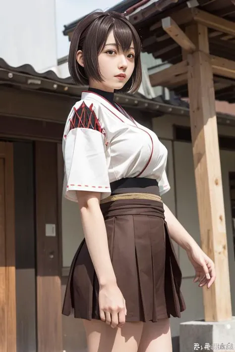 hyuugaise, short hair, japanese clothes, short sleeves, hakama skirt, brown skirt, looking at viewer, large breasts <lora:hyuuga_&_ise_v1:1>,   AS-Adult