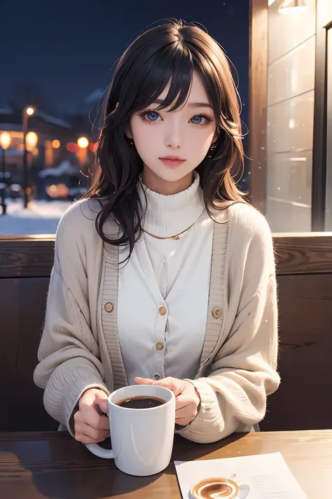 (masterpiece, best quality:1.4),1girl,photorealistic,extremely detailed,beautiful eyes,cardigan,hold coffee mug,in cafe,winter,illustration,air bangs,korean idol,depth of field,night,snow,<lora:GoodHands-vanilla:1>,