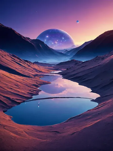 a view of a lake in the desert with a planet in the background