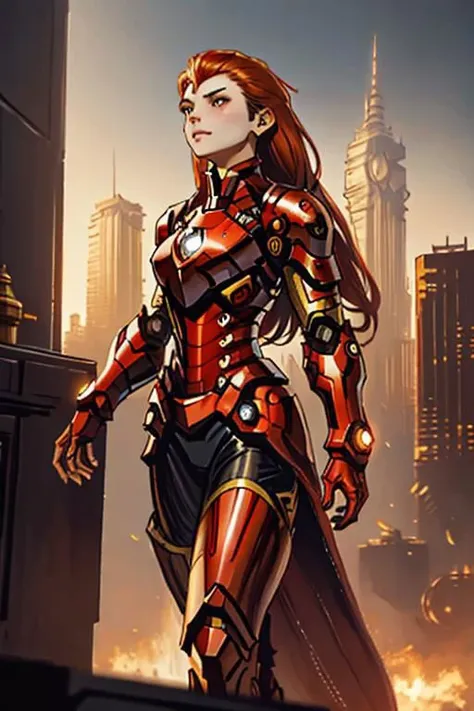 araffed woman in a red suit posing in the city, wojtek fus, stunning armor, cyberpunk iron man, emma watson as iron man, by Jason Chan, like ironman, cgsociety masterpiece, inspired by Marek Okon, cinematic. by leng jun, [ trending on cgsociety ]!!, alena ...