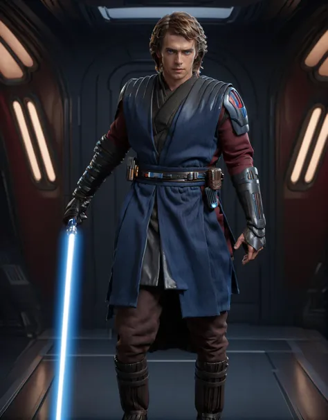 (full body1.5) shot Hyper-realistic portrait of Anakin Skywalker Jedi <lora:Anakin_Skywalker_Jedi:1> holding a blue lightsaber, wearing blue and red CloneWars outfit, intense gaze, furrowed brow, dramatic shadows, worn body armor with intricate details, , ...