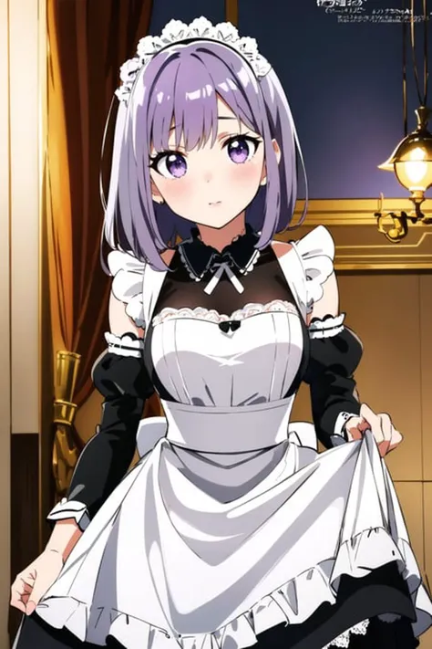 a woman in a maid outfit is standing in front of a window