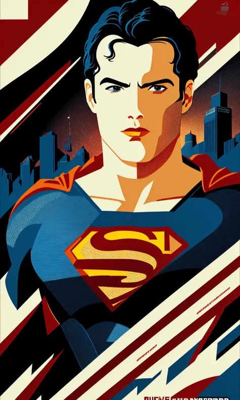 a poster of superman in a city with a red and blue background