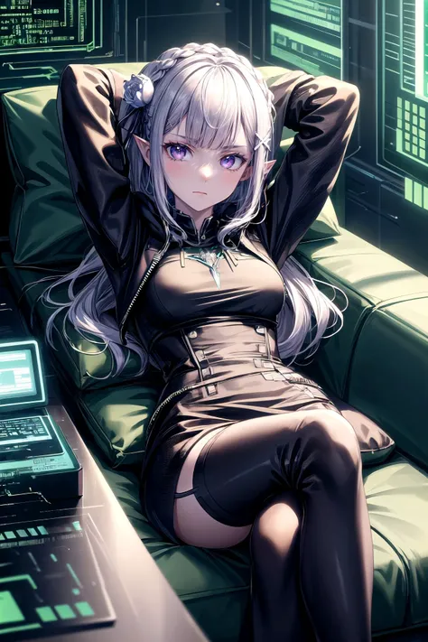 anime girl sitting on a couch with her legs crossed