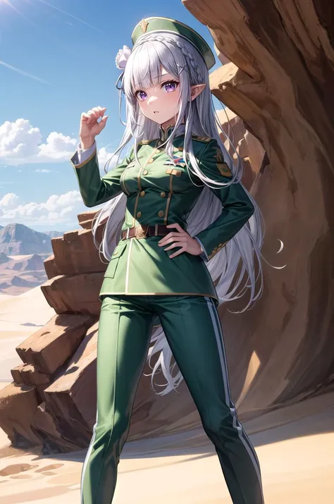 (masterpiece, best quality, detailed), 1girl, solo, grey hair, crown braid, white flower, ribbon, pointy ears, purple eyes, braid, rose, flower, hair flower, x hair ornament, bangs, blunt bangs, long hair, white hair, looking at viewer, 
military uniform, ...