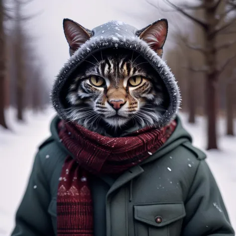 animal, animal focus, blurry, blurry background, cat, chromatic aberration, clothed animal, coat, depth of field, fur, fur-trimmed coat, fur-trimmed jacket, fur trim, hat, hood, looking at viewer, realistic, hood, solo, snow, scarf, rifle