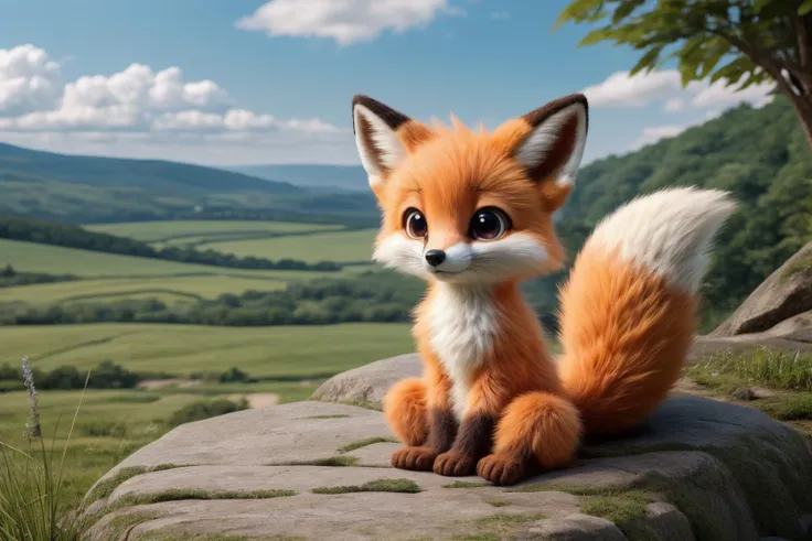 a close up of a stuffed fox sitting on a rock