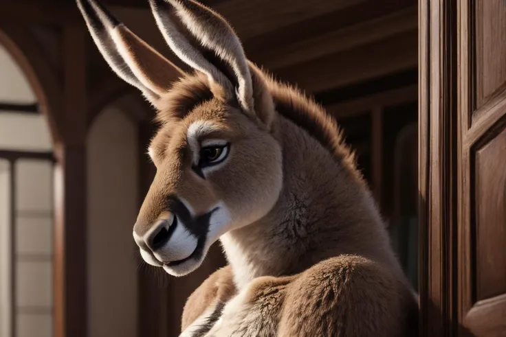 a close up of a donkey with long horns standing in a doorway