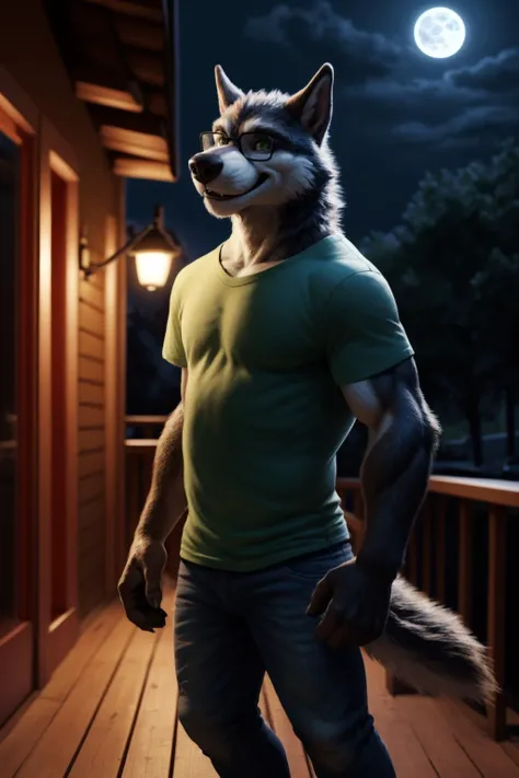 a man in a green shirt and a wolf mask standing on a porch