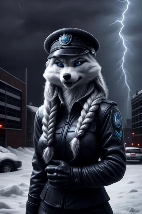 a close up of a person in a uniform with a wolf on it