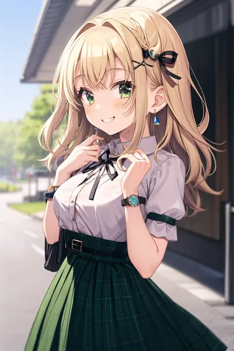 <lora:shigure:1>1girl, solo, skirt, smile, watch, long hair, jewelry, wristwatch, earrings, looking at viewer, hair ornament, blonde hair, breasts, green skirt, x hair ornament, short sleeves, hairband, shirt, holding, ribbon, bangs, belt, eyebrows visible...