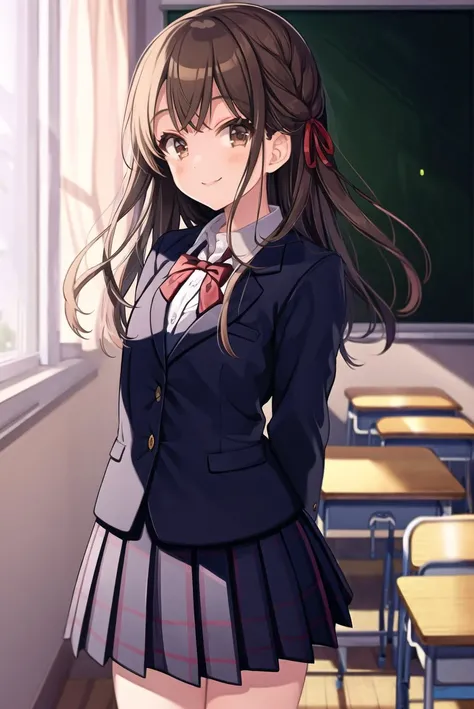 <lora:shigure:1>1girl, solo, skirt, classroom, ribbon, plaid, smile, wind, curtains, indoors, jacket, blazer, bow, desk, chair, chalkboard, flower, bowtie, window, shirt, school, school uniform, long hair, arms behind back, plaid skirt, hair ribbon, brown ...