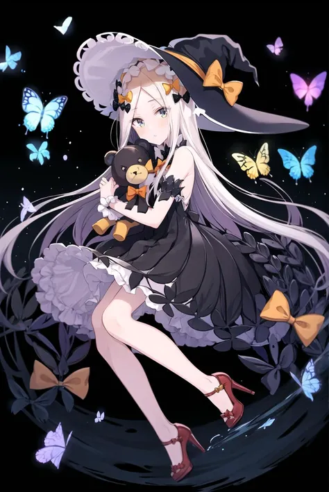 <lora:shigure:1>1girl, hat, witch hat, solo, teddy bear, long hair, dress, stuffed toy, stuffed animal, bug, butterfly, lavinia whateley (fate), bow, high heels, black bow, white background, white hair, black headwear, orange bow, braid, black dress, bare ...