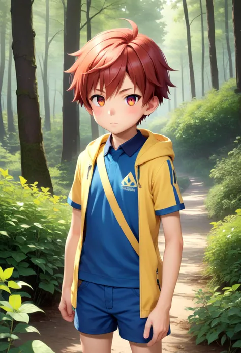 a young boy in a blue shirt and shorts stands in the woods