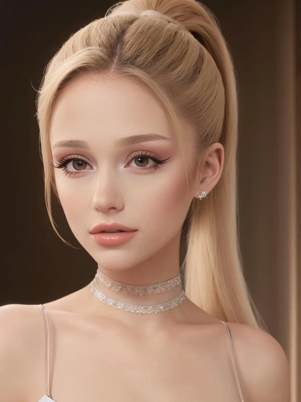 a woman with blonde hair and a choker wearing a white dress