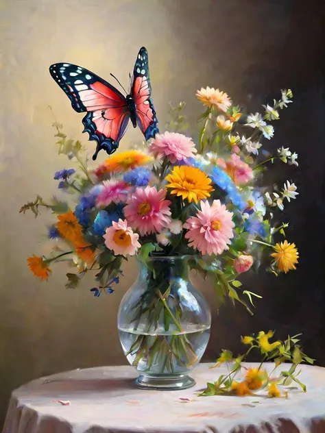 painting of a vase of flowers with a butterfly on top of it