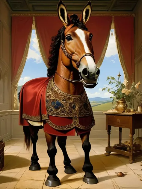 Renaissance-inspired oil painting of a noble horse in a serene landscape, flanked by a still life featuring ornate bridles and lush, velvet drapery, by Leonardo da Vinci and Raphael, cinematic composition, trending on ArtStation.