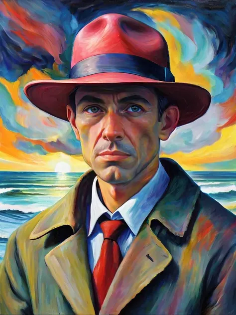 painting of a man in a red hat and trench coat