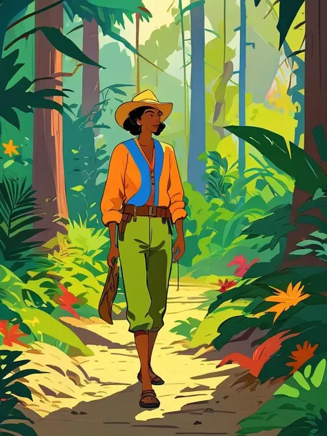 a man in a hat and green pants walking through a forest