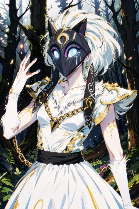 best quality,masterpiece,1girl,solo,solo focus,<lora:åç:1>,kindred,lamb,(white fur:1.2),(white skin),blue eyes,glowing eyes,(mask on head:1.2),(unmasked:1.2),upper body,small breasts,(white dress:1.3),looking at viewer,light smile,closed mouth,forest,