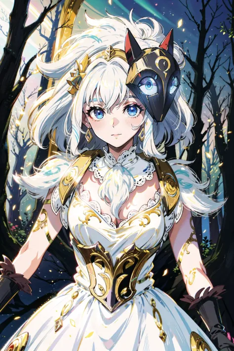 best quality,masterpiece,1girl,solo,solo focus,<lora:åç:1>,kindred,lamb,(white fur:1.2),(white skin),unmasked,blue eyes,glowing eyes,(mask on head:1.2),upper body,small breasts,(white dress:1.3),looking at viewer,light smile,closed mouth,forest,ornate,...