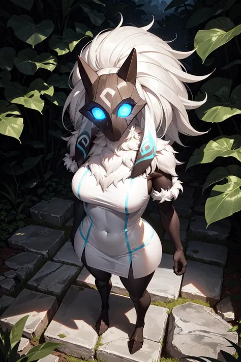(masterpiece, best quality:1.4),
1girl, standing, full body, furry female, body fur, (white fur, white skin:1.1), chest tuft, digitigrade, (cowboy shot:1.2), (from above, face focus:1.4),
white hair, long hair,
black mask, (blue eyes, glowing eyes:1.4),
ho...