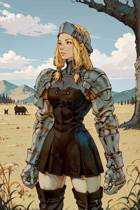 (masterpiece, best quality, absurdres, 4k, aesthetic, detailed, intricate),outside,grassy field,cowboy shot,solo,1girl,squirefft,long hair, blonde, blue eyes, headband, armor, brown dress, gauntlets, pauldrons, shoulder armor, greaves, thighhighs,no nose  ...