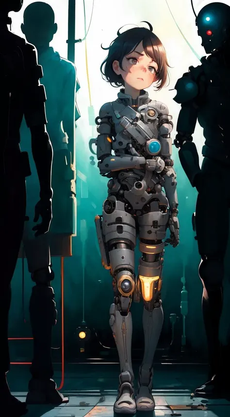 aesthetic, (masterpiece:1.1), (extremely intricate:1.3), (sharp focus), reelmech, ((Full Shot of 1boy)), mechanical arms and legs, cyborg, apocalyptic mood, Shadowy, look away from the camera, one arm behind her back, glowing bokeh in background <lora:reel...