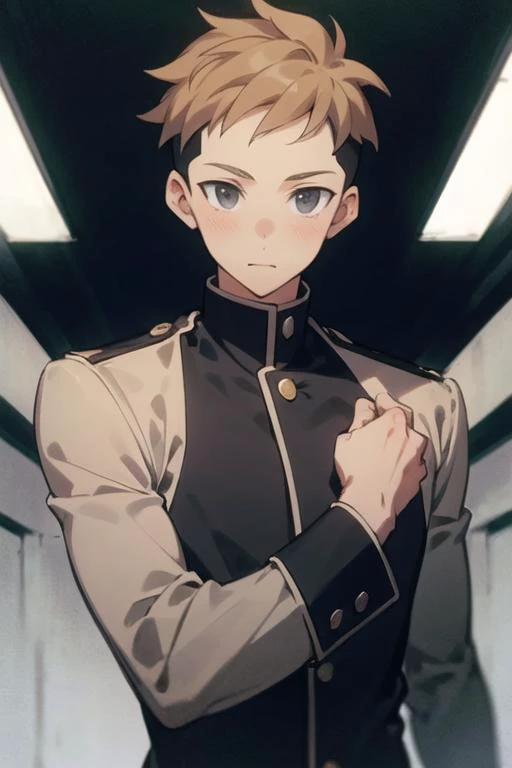 masterpiece, best quality, high quality, 1boy, solo, male focus, looking at viewer, upper body, <lora:mark_bean:0.62>, mark_bean, light brown hair, undercut, grey eyes, , gakuran